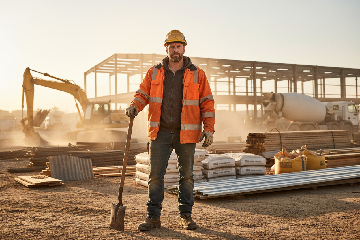 Man in hi-vis jacket, hoodie underneath, dusty job site background.