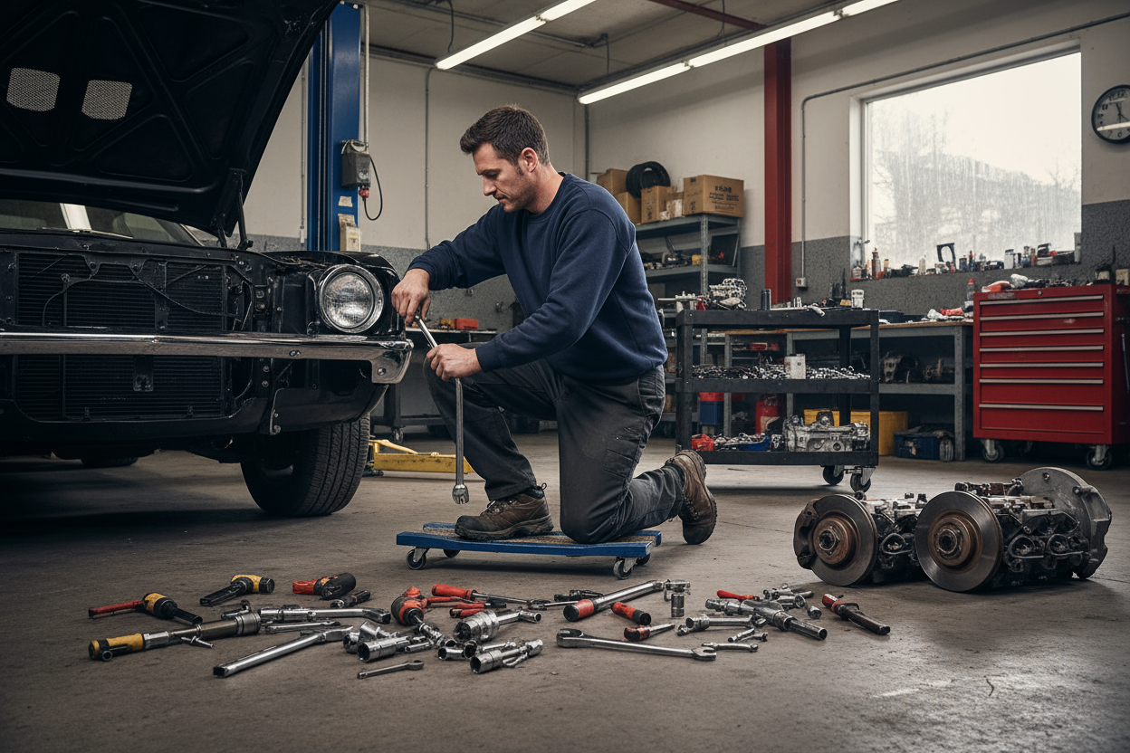mechanic wearing navy crew neck sweatshirt in garage