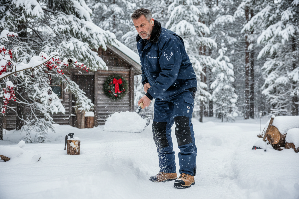 rugged man wearing blueblood gear working in xmas snow